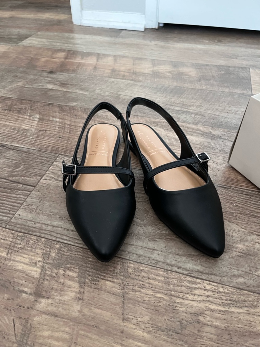 LC Lauren Conrad Black Pointed Slingback Flats with Buckle Strap